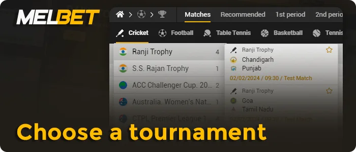 Selecting cricket region and tournament on MelBet